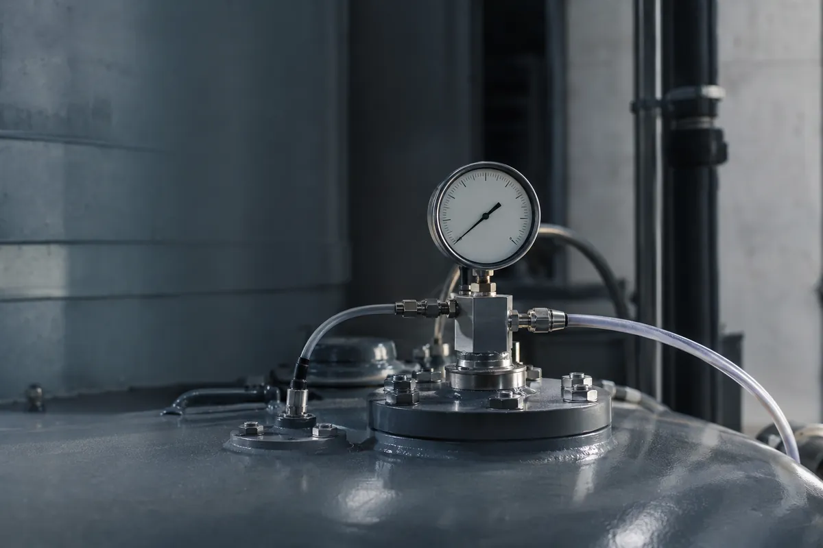 Leckanzeiger mit Manometer auf dem Dom eines Heizöltanks aus Stahl