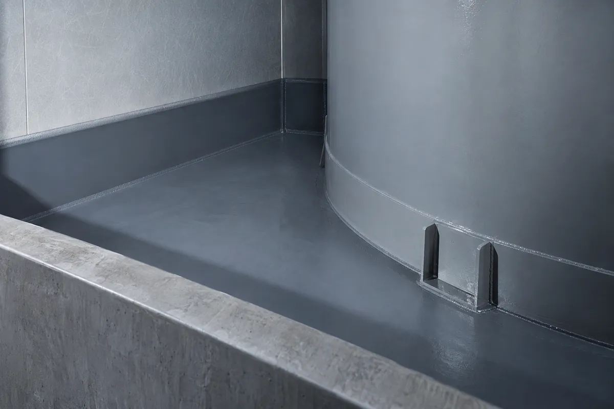 Ecke eines Tankraums mit GFK-Platten und verschweißter Dichtbahn