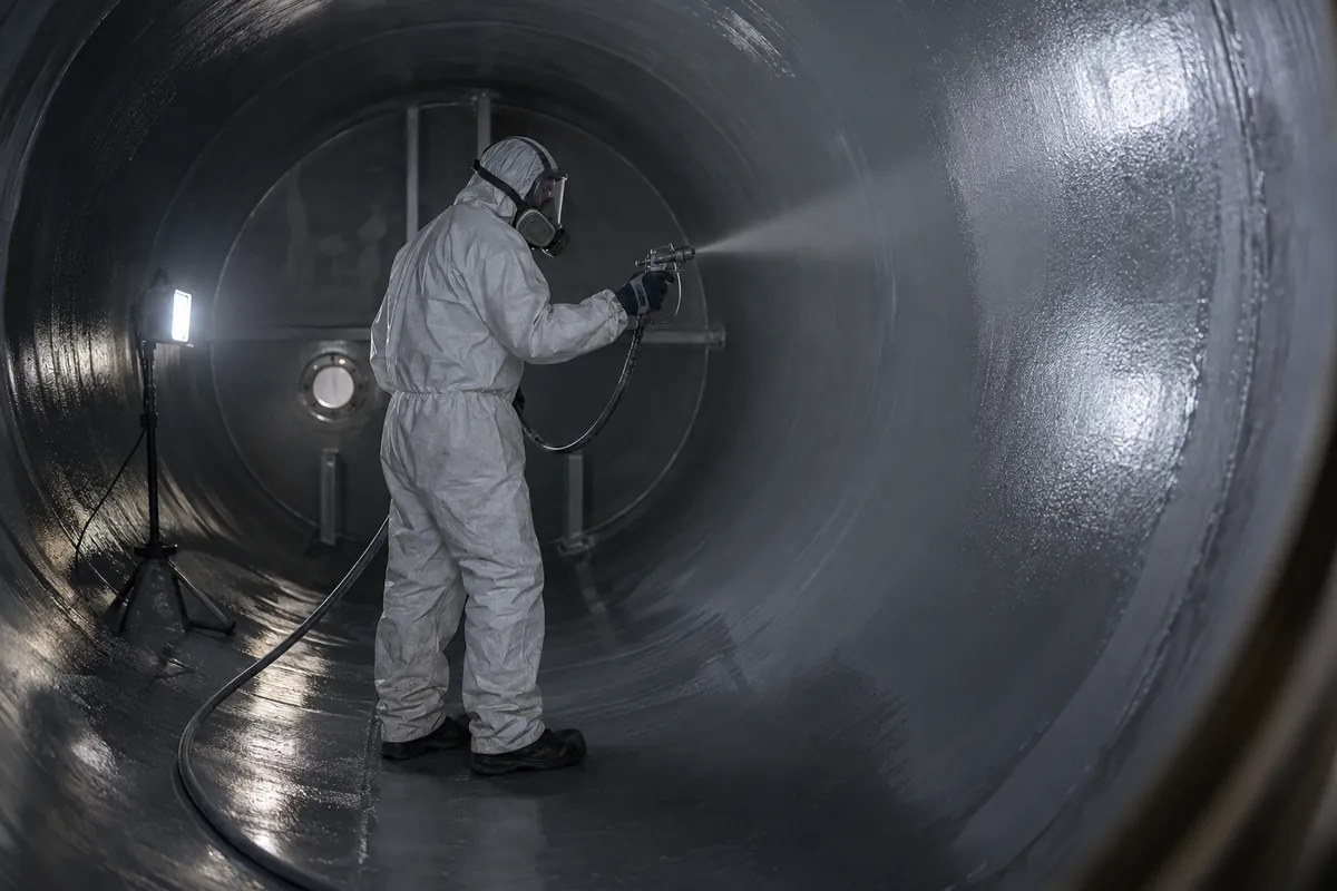 Techniker beschichtet die Innenwand eines Heizöltanks aus Stahl mit einer grauen Schutzschicht
