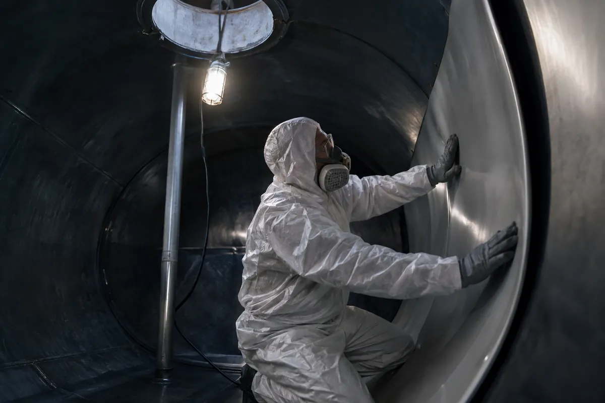 Techniker legt im geöffneten Heizöltank eine flexible Leckschutzauskleidung an die Tankwand