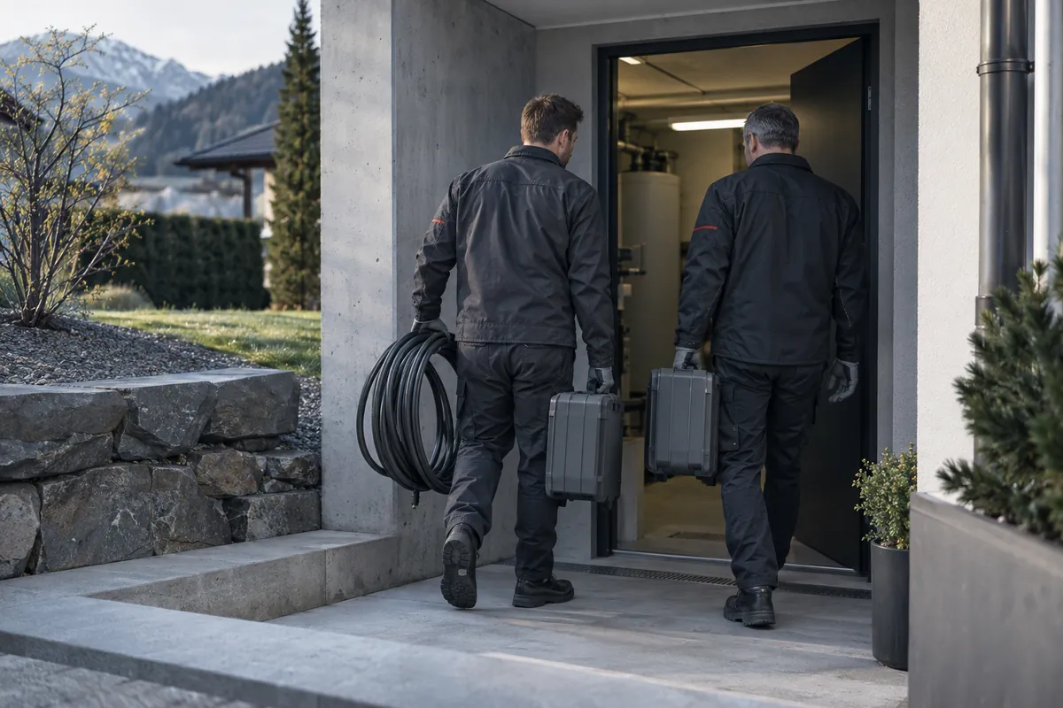 Zwei Techniker tragen Ausrüstung in den Keller eines Einfamilienhauses