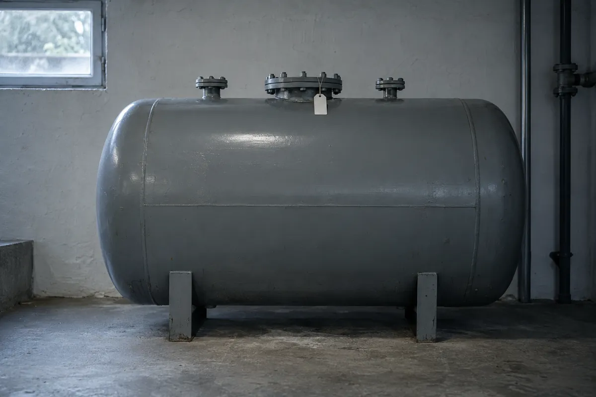 Stillgelegter Heizöltank mit verschlossenen Anschlüssen in einem Keller